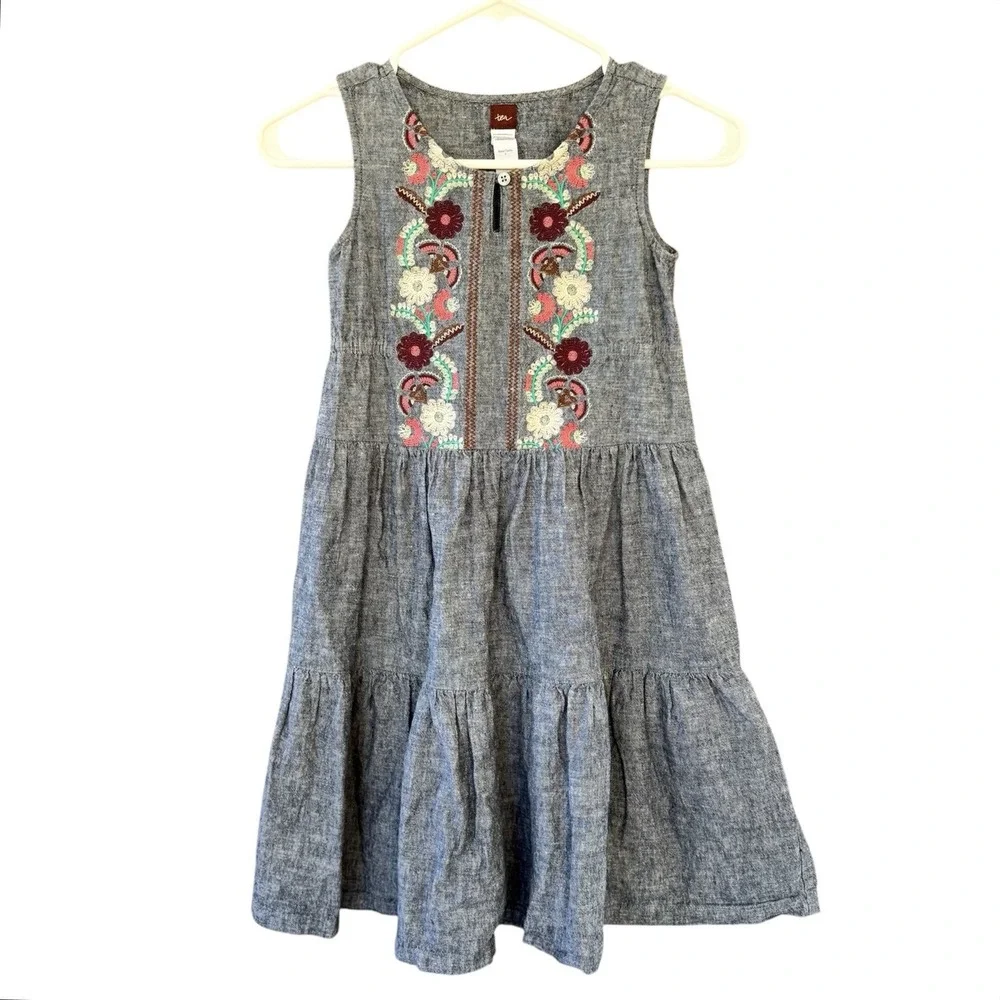 Tea Collection Embroidered Chambray Dress Girls‎ 7 Linen/Cotton Blend Boho Fall